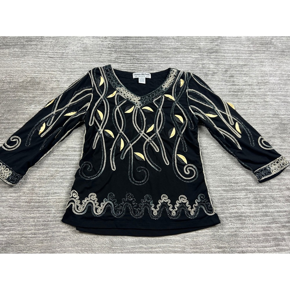 Lauren Michelle Top Womens S Black Gold Silver Embroidered Sequin V-Neck Blouse